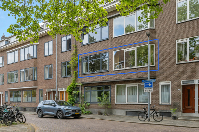 Gevelfoto waarbij het verkochte object met blauwe lijnen is gemarkeerd